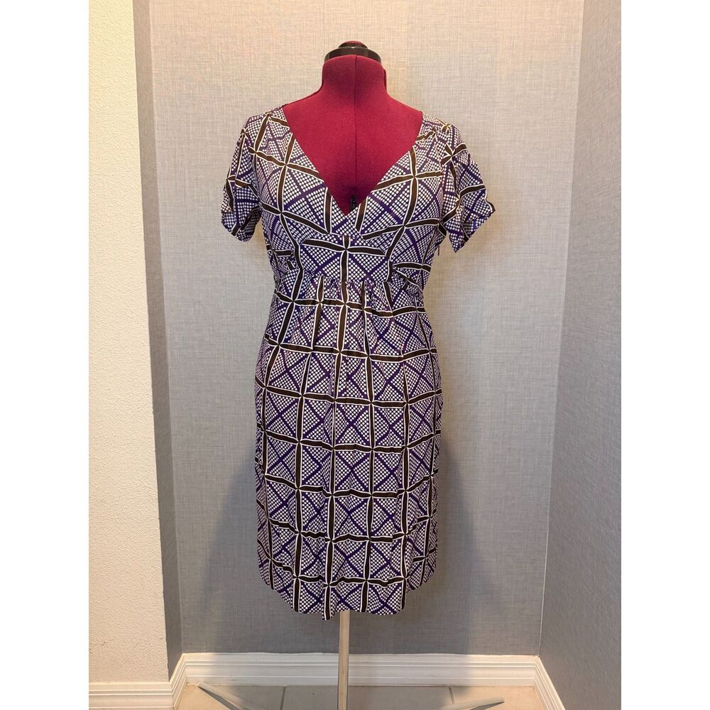J.Crew Silk Dress Purple Brown Geometric Polka Dot Print Midi Size 8 Tie Waist